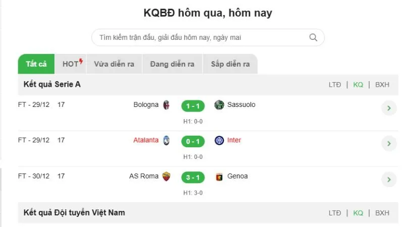 Tra cứu kết quả chi tiết từng hiệp, lọc theo giải đấu, ngày thi đấu