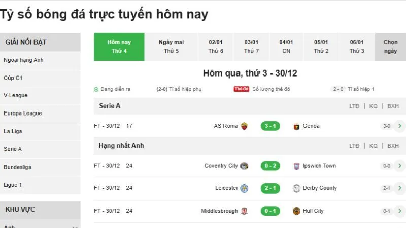 Livescore KQBD 24H hiển thị tỷ số trực tiếp, hiệp đấu, bàn thắng